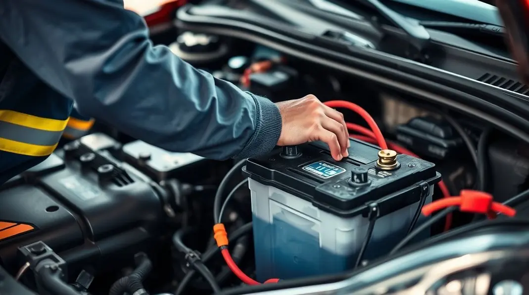 Instalação de bateria automotiva em ação