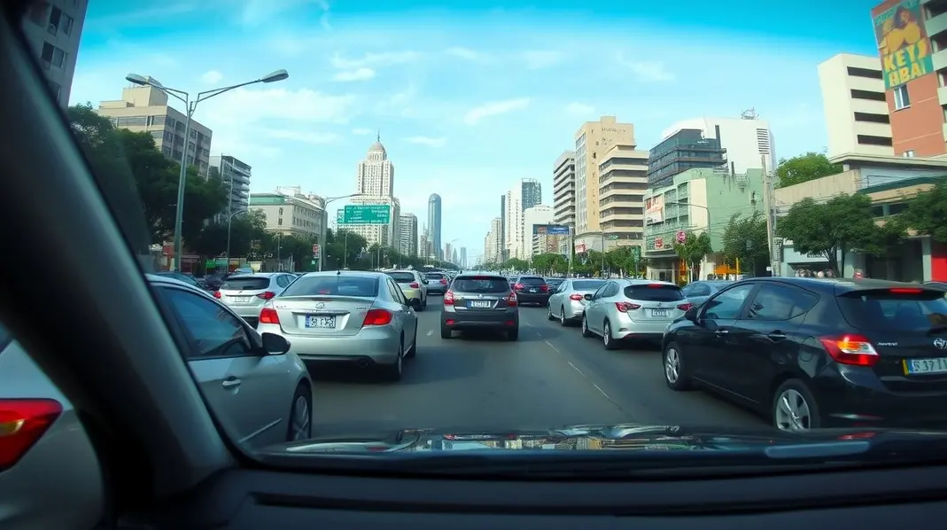Vista panorâmica das ruas movimentadas de São Paulo, focando em um carro que para suavemente.